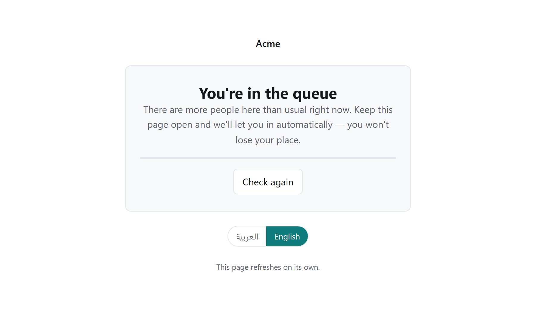 The waiting room page: a card headed "You're in the queue", telling the visitor to keep the page open and that they will not lose their place, with a Check again button and a language switch.